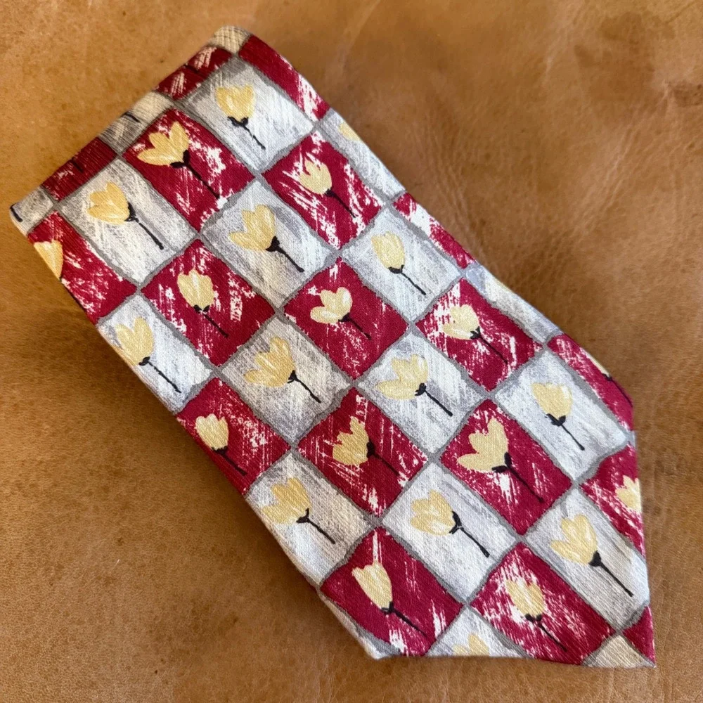 Burma Bibas Silk Necktie Men OS Red Floral Grid Pattern Artistic Professional